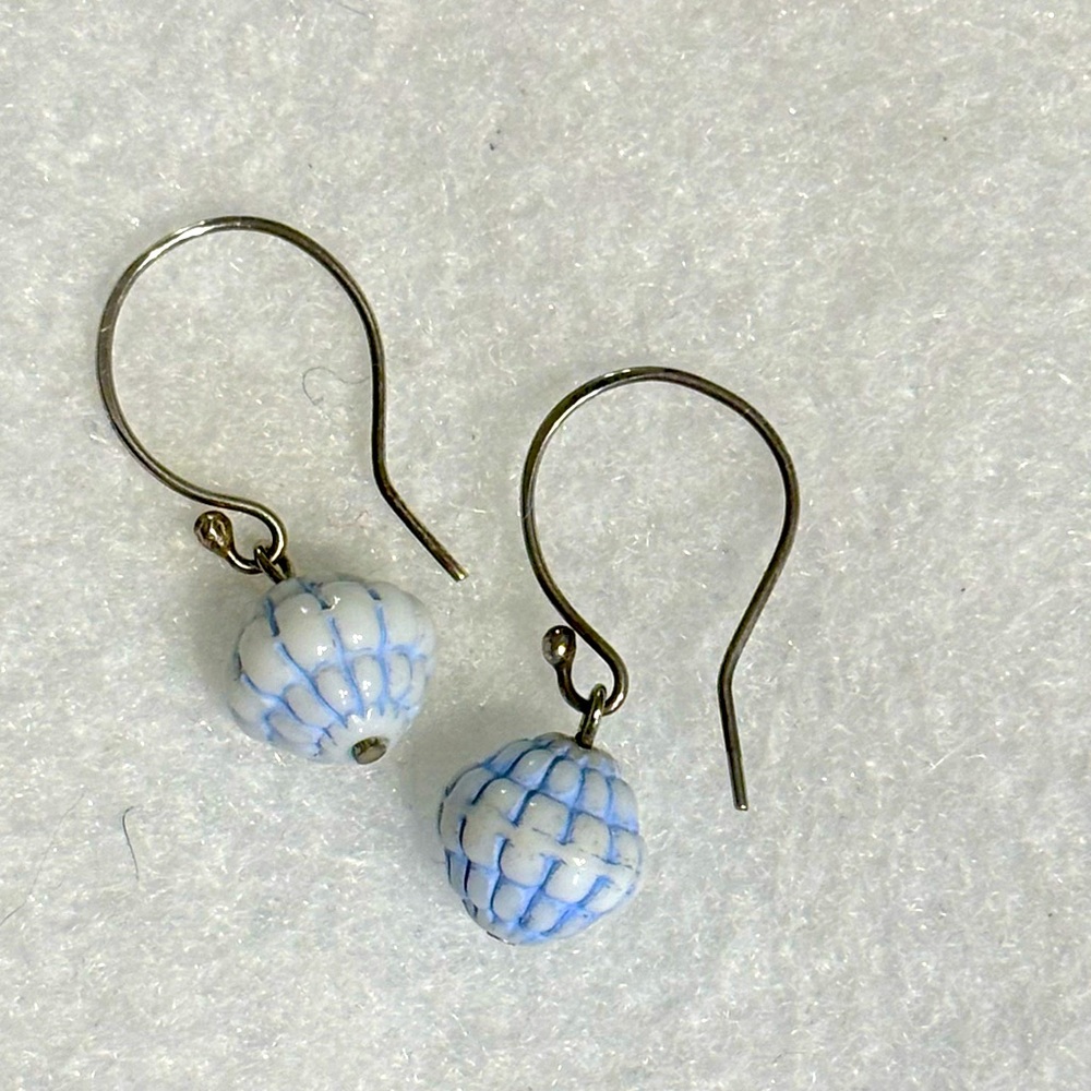 Handmade Blue and White Vintage Ceramic Beads Sterling Silver Earrings